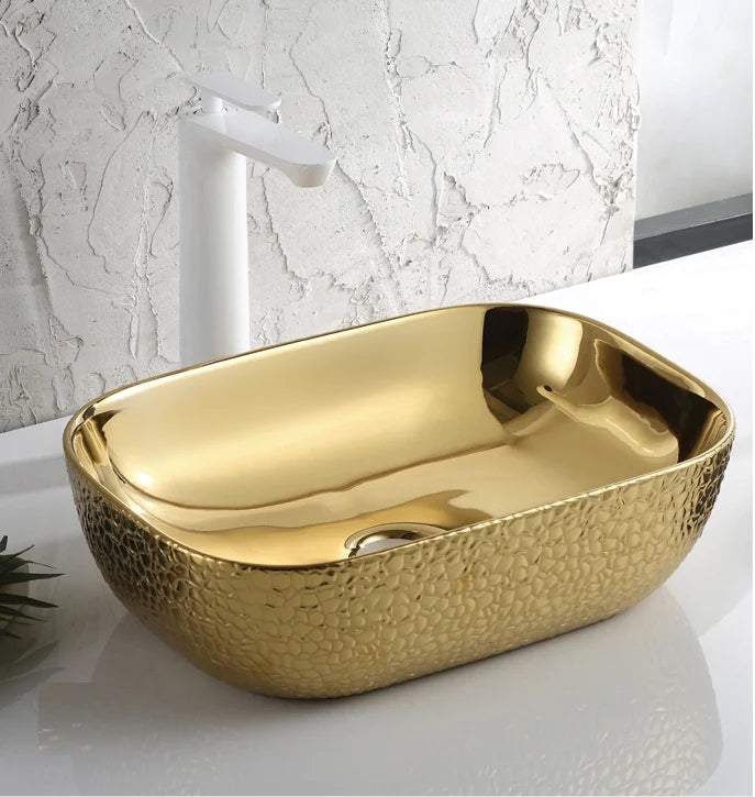 InArt golden ceramic table top wash basin DW241 designer bathroom fixture 46x33cm main product view