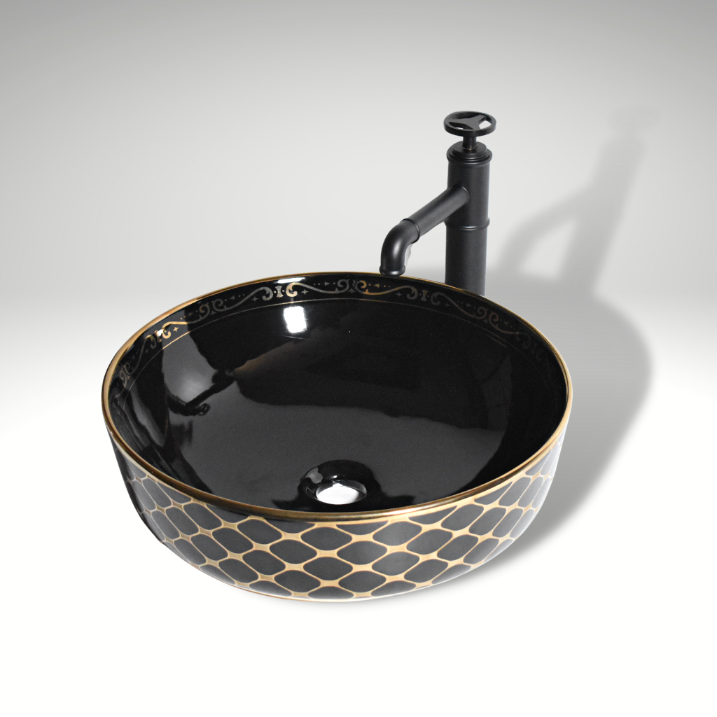 table top wash basin in black gold color 14x14 inch