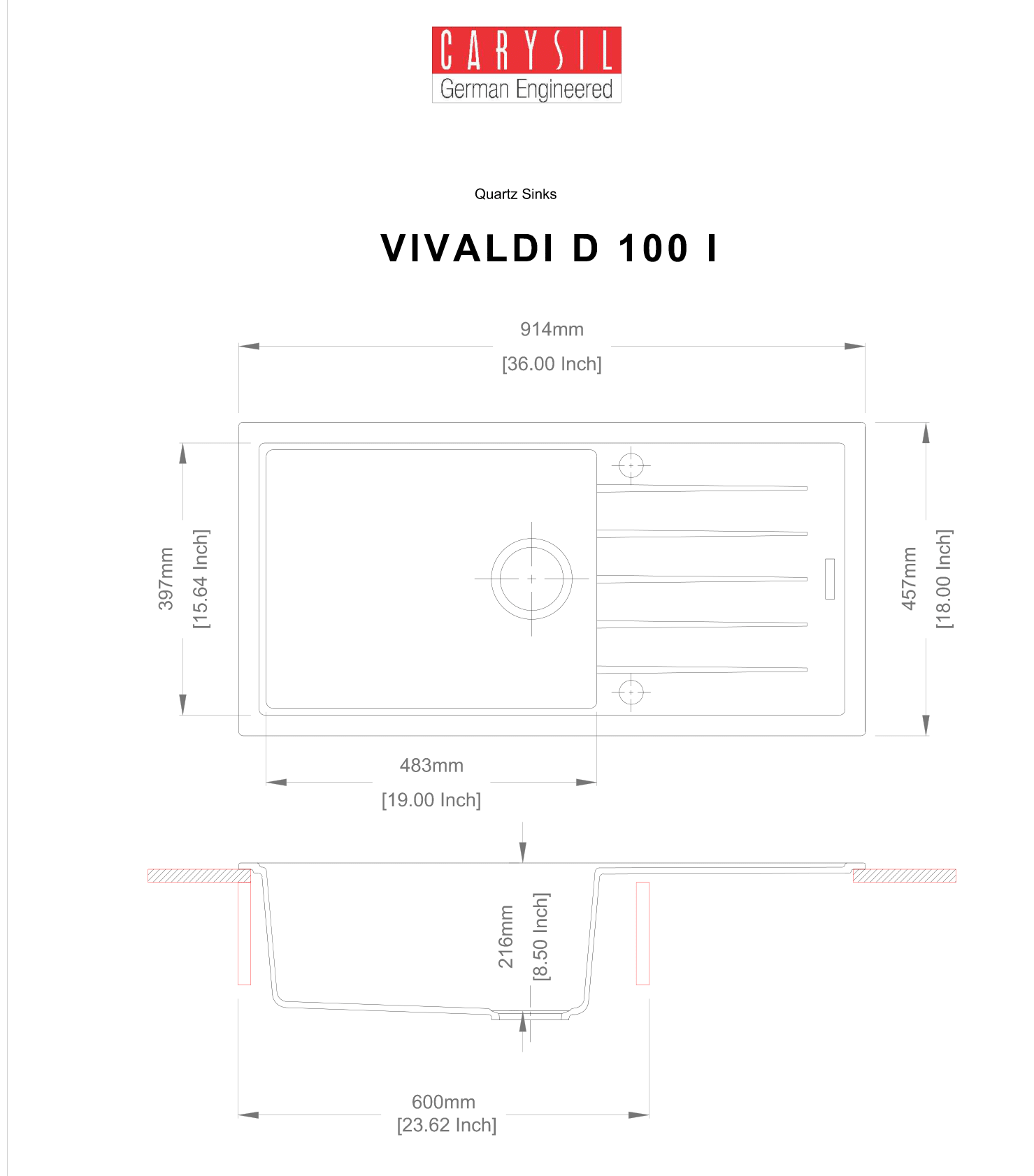 Carysil Granite Quartz Kitchen Sink - Single Bowl With Drainboard Vivaldi D100L 40" x 20" Inch - InArt-Studio
