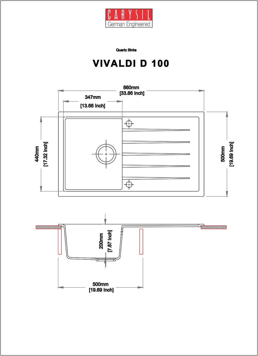 Carysil Granite Quartz Kitchen Sink - Single Bowl With Drainboard Vivaldi D100 34" x 20" Inch - InArt-Studio