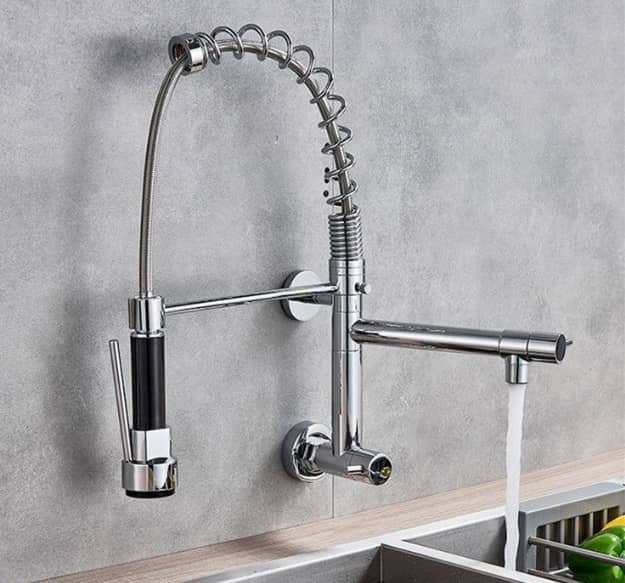 InArt Single Lever Wall Mounted Kitchen Sink Tap 360° Pull-Down Sprayer Kitchen Sink Cock Tap Faucet with Multi-Function Spray Head, Chrome Finish - InArt-Studio
