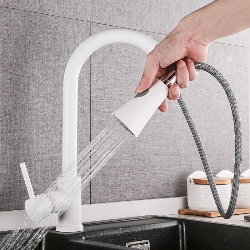 InArt Brass Single Lever Kitchen Sink Mixer 360° Rotatable Kitchen Sink Tap Pull Out Kitchen Faucet White Color - InArt-Studio