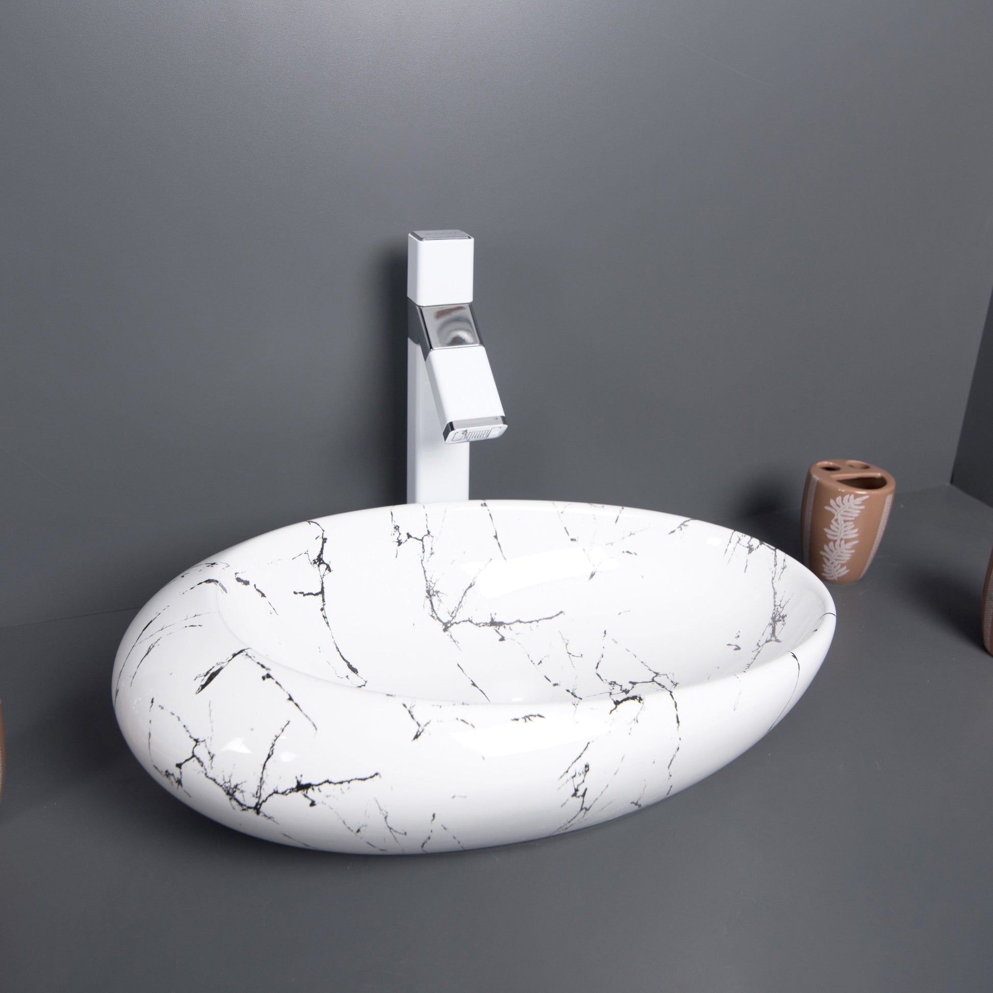 inart ceramic sanitaryware wash basin white marble oval shape 20x14 inch